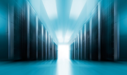 server room data center with rows of supercomputers . The concept of motion blur.
