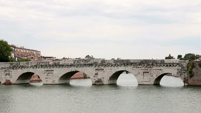 old stone Tiberius bridge Rimini Italy