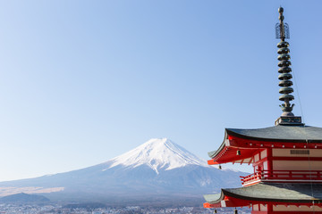 Fuji Mountain and Chureito pagoda fore ground in the morning