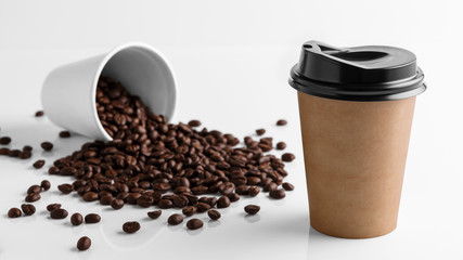 Paper coffee cup with coffee beans