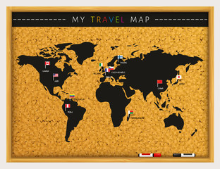 Travel map with flags map pointers and marker pens on cork board. Vector.