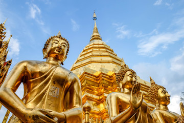  Golden Buddha statue in Wat Phra That Doi Suthep is tourist attraction of Chiang Mai, Thailand.Asia.