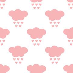 Silhouettes of clouds with raindrops in the form of hearts. Cartoon seamless pattern.