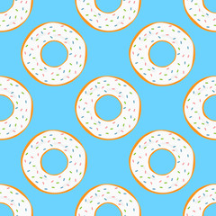 Round donuts with white glaze and pink, green, blue sprinkles. Bright cartoon seamless pattern.