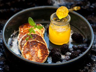 Pancakes with cottage cheese, honey and berries close-up
