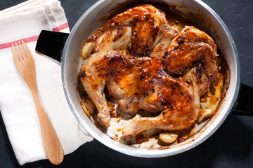 Fried spicy chicken in a frying pan