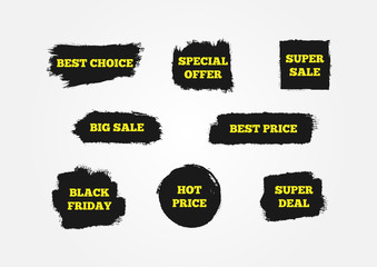 Best Choice, Hot Price, Black Friday, Special Offer, Super Deal, Big Sale. Signs to attract customers. Eight isolated stickers with text. Painted with a rough brush.