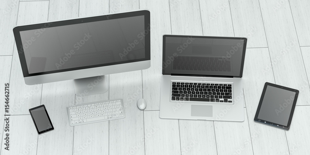 Poster Modern computer laptop mobile phone and tablet 3D rendering