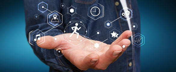 Young man using running application to check his performances 3D rendering