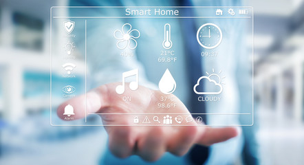 Businessman using smart home digital interface 3D rendering