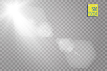 Vector transparent sunlight special lens flare light effect. Sun flash with rays and spotlight on transparent background
