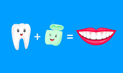 Tooth plus dental floss equal fresh and whitening teeth. Cute cartoon character design. Vector illustration isolated on blue background.