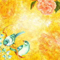 Design template with watercolor birds, flowers, and copyspace