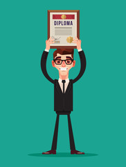 Happy smiling businessman office worker character holds diploma. Vector flat cartoon illustration