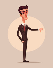 Angry unhappy businessman office worker consumer showing thumbs down. Dislike sign. Vector flat cartoon illustration