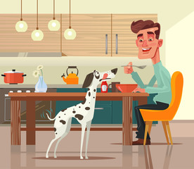 Funny happy dog character asks for food. Vector flat cartoon illustration