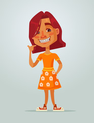 Smiling happy little girl teen character with brackets system. Vector flat cartoon illustration