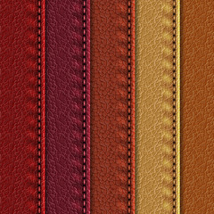 Set of realistic leather textures with seams. Leather backgrounds of different brown shades. Vector illustration