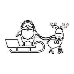 christmas santa claus reindeer sledge outline vector illustration