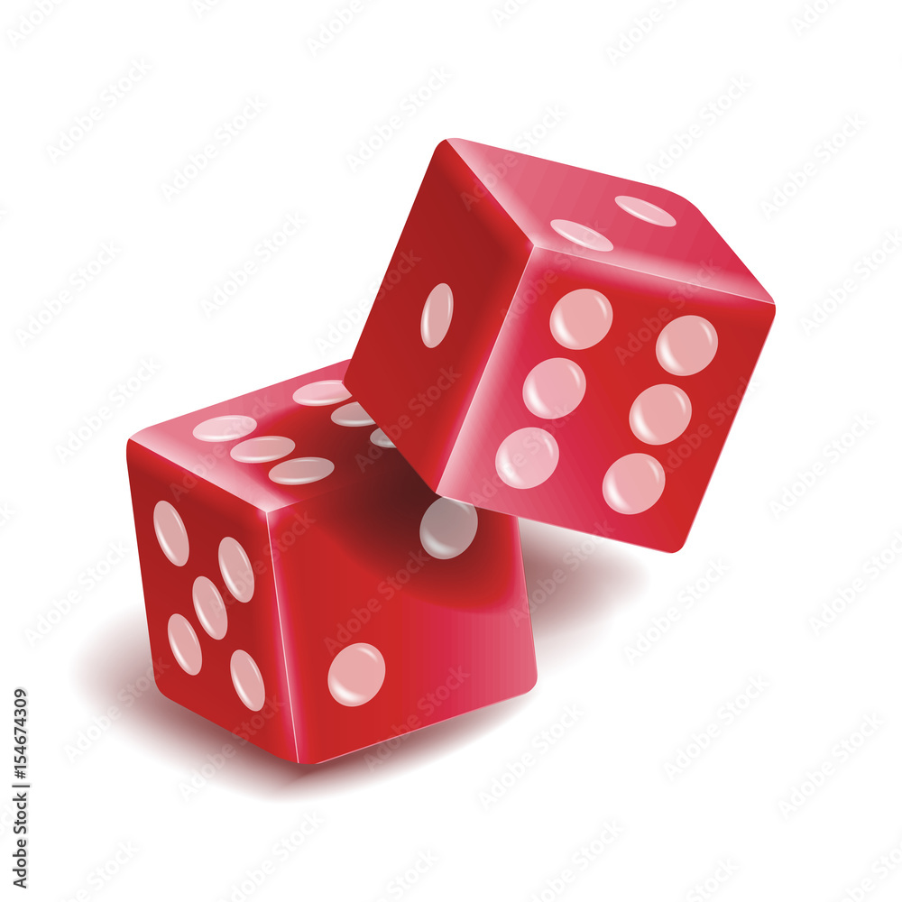 Sticker Playing Dice Vector Set. Realistic 3D Illustration Of Two Red Dice With Shadow. Game Dice Set