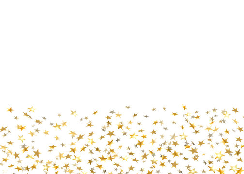 Gold stars falling confetti isolated on white background. Golden abstract random pattern Christmas card, New Year holiday. Shiny confetti paper stars. Glitter explosion on floor Vector illustration