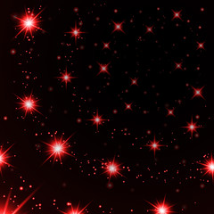 Red stars black night sky background. Abstract bokeh glowing space design. Starry milky way. Galaxy starlight shine sparkle. Golden shiny fantasy glow in dark Vector illustration