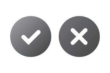 Tick and cross gray signs. Silver checkmark OK and X icons, isolated on white background. Marks graphic design. Circle symbols YES and NO button for vote, decision, web. Vector illustration