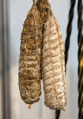 Italian different traditional sausages and ham at the store in Cracow. Poland