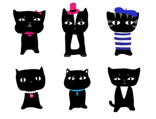 Simple, cute black kittens with accessories, including top hat,name tag, bow, beret and pearls