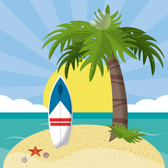 summer beach in the seashore with surfboard and palm tree. vector Illustration