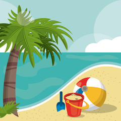 Fototapeta na wymiar seaside view on beautiful sunny beach with palm, beach ball, bucket, shovel. summer vacation concept vector illustration