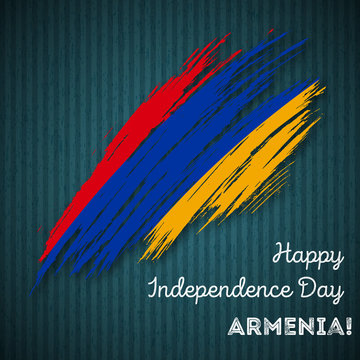 Armenia Independence Day Patriotic Design. Expressive Brush Stroke in National Flag Colors on dark striped background. Happy Independence Day Armenia Vector Greeting Card.