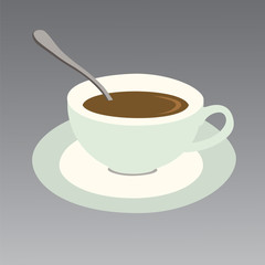 Vector illustration of a chocolate cup with saucer and spoon isolated on a gray background