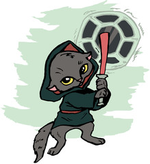 funny cartoon cat in the costume of the hero of the a fantastic film