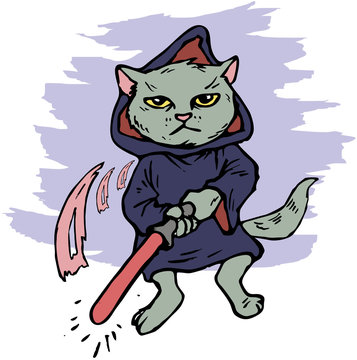 funny cartoon cat in the costume of the hero of the a fantastic film