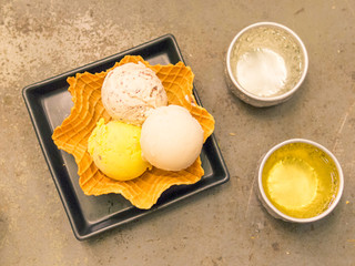 Assorted flavor of Ice cream on waffle plate