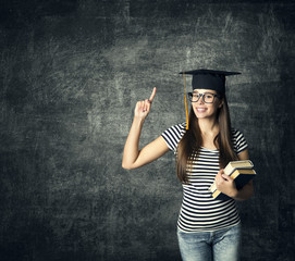 Student in Graduation Hat, Finger Point, Master Girl in Glasses Mortarboard over Blackboard, University Education