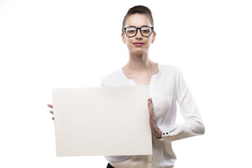 office girl holds in hands blank white plate on a white background