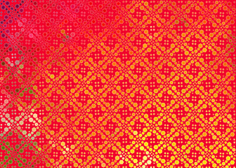 pattern of orange pink and green hexagons on a red background 