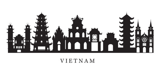 Naklejka premium Vietnam Landmarks Skyline in Black and White Silhouette