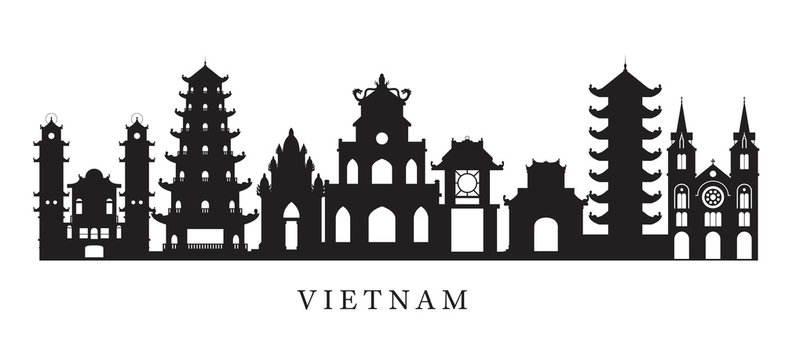Vietnam Landmarks Skyline in Black and White Silhouette