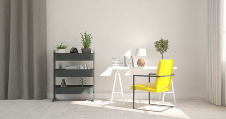 White modern room. Scandinavian interior design. 3D illustration