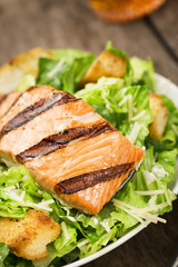 Grilled Salmon Caesar Salad with Croutons and Parmesan