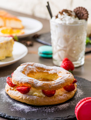 lot of desserts and a custard cake