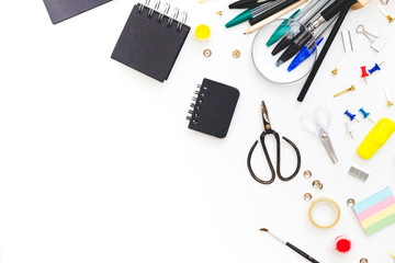 School and office stationery at table. Top view with copy space.