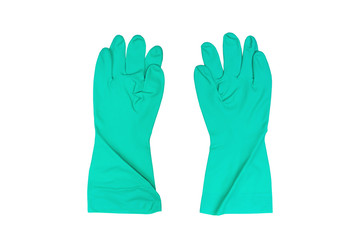 Green household protective rubber gloves or chemical gloves Isolated on white background with clipping path.