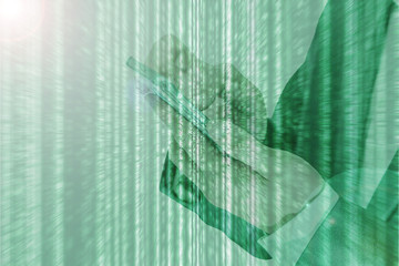 business man touch the smartphone with blur green line