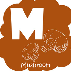 Alphabet for kids with vegetables. Healthy letter abc M-Mushroom