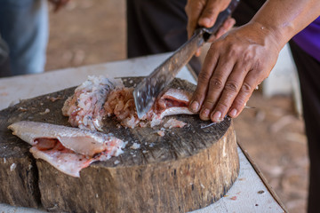 Chef cutting fish before cooking
