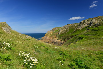 Fototapeta na wymiar L'Etacq, Jersey, U.K, Wide angle image of the coastline in Spring.
